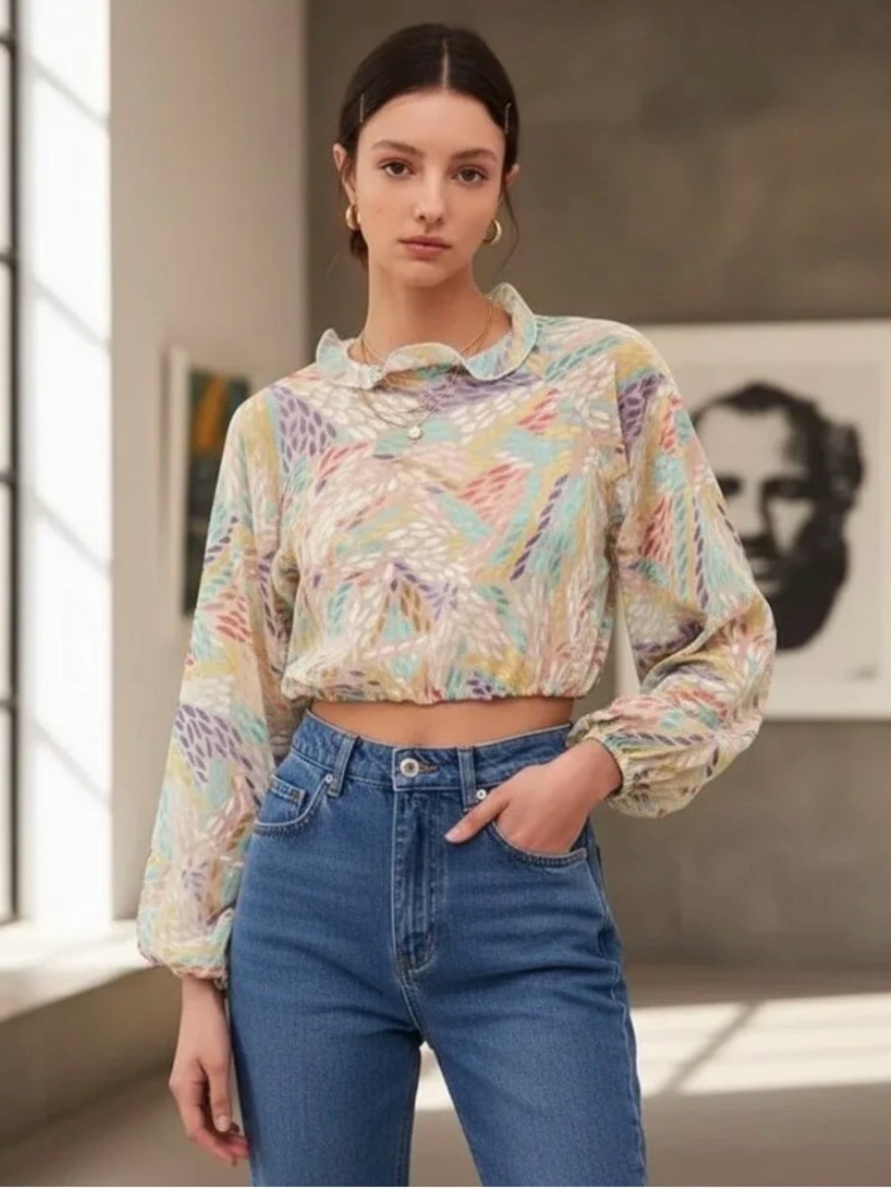 Pastel Leaf-Print Cropped Long-Sleeve Top - Women NWT